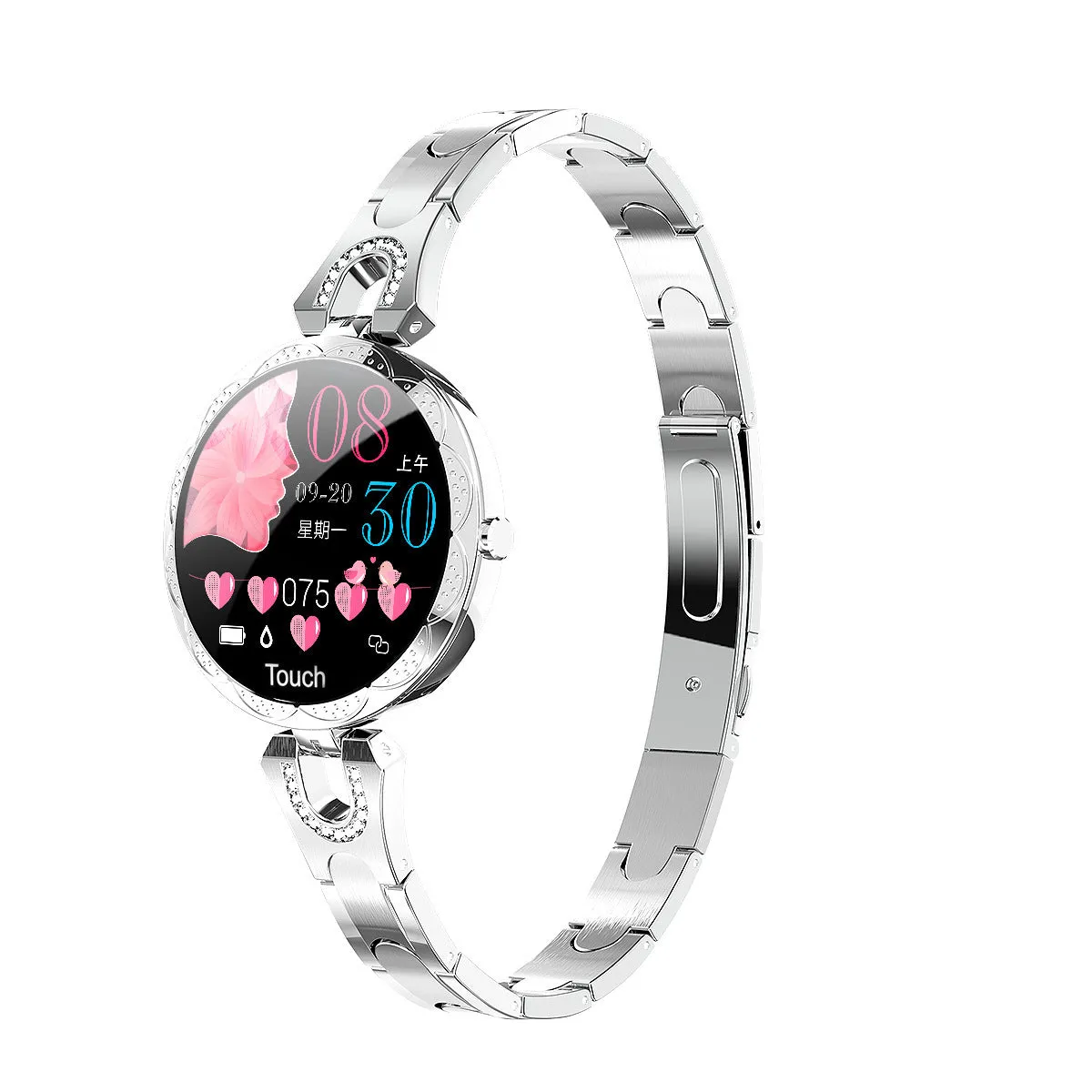 Women's smart watch with round 1.08-inch HD LCD screen and stainless steel strap, rose gold finish