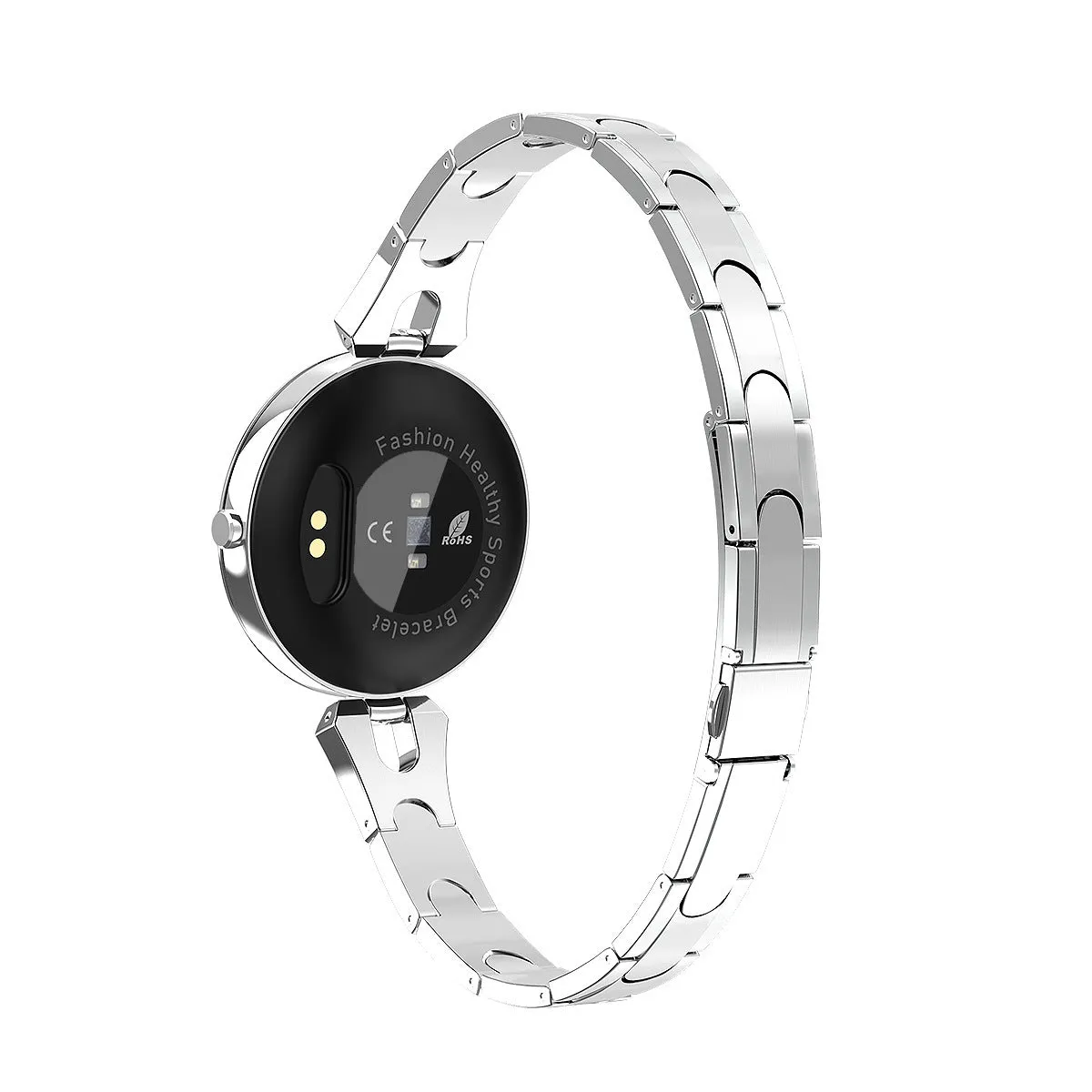 Women's smart watch with round 1.08-inch HD LCD screen and stainless steel strap, rose gold finish