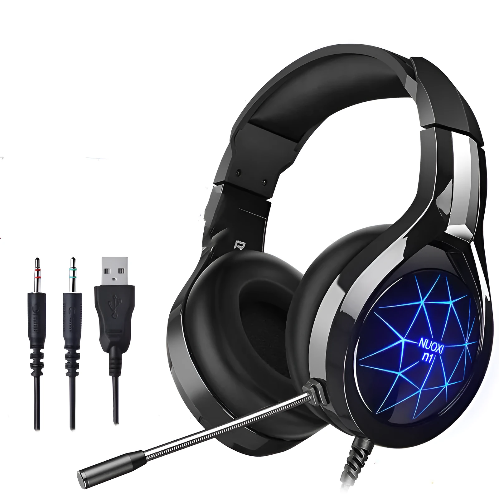 Wired gaming headset with microphone, memory foam ear cushions, and adjustable headband