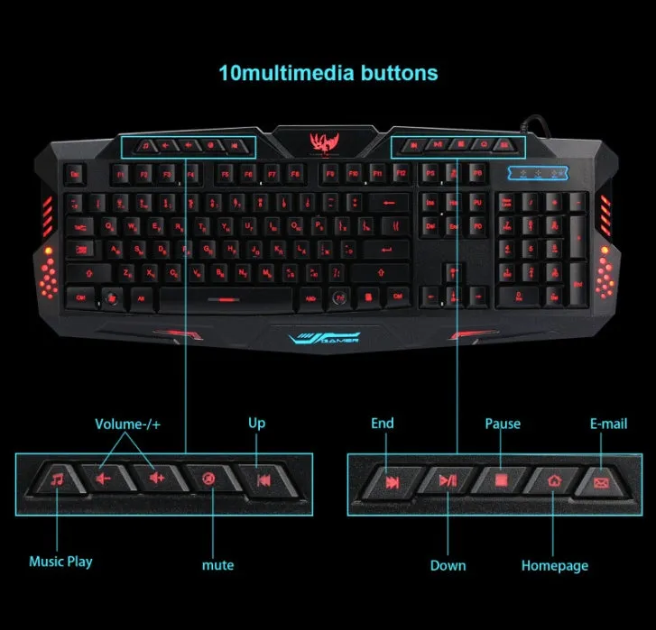 J10 wired gaming keyboard set with tricolor backlight black colour Russian layout includes black mouse