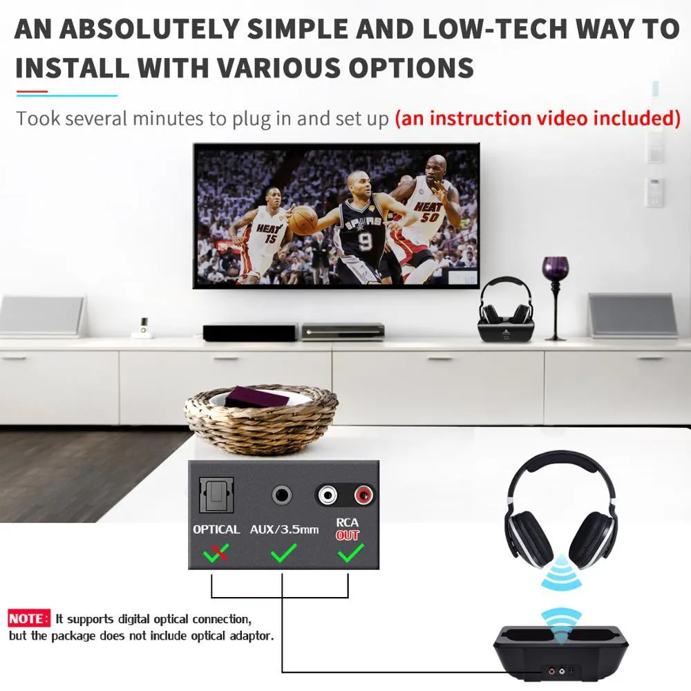 Black ABS on-ear wireless headphones for TV viewing with bass sound