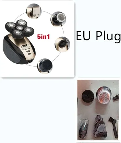 5-in-1 multifunctional electric shaver black gold with floating blades, rechargeable, IPX7 waterproof