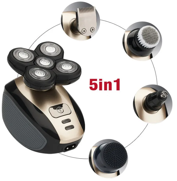 5-in-1 multifunctional electric shaver black gold with floating blades, rechargeable, IPX7 waterproof