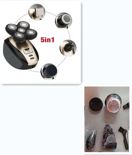 5-in-1 multifunctional electric shaver black gold with floating blades, rechargeable, IPX7 waterproof