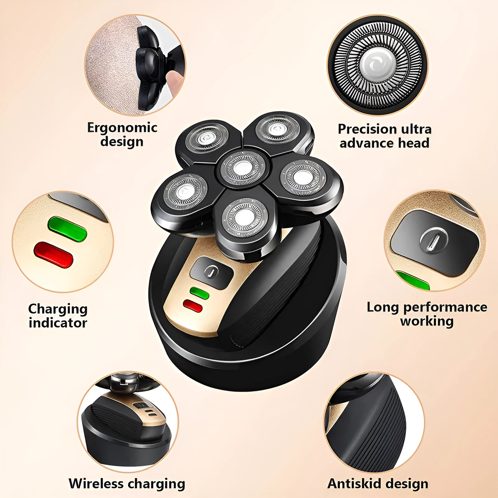 5-in-1 multifunctional electric shaver black gold with floating blades, rechargeable, IPX7 waterproof