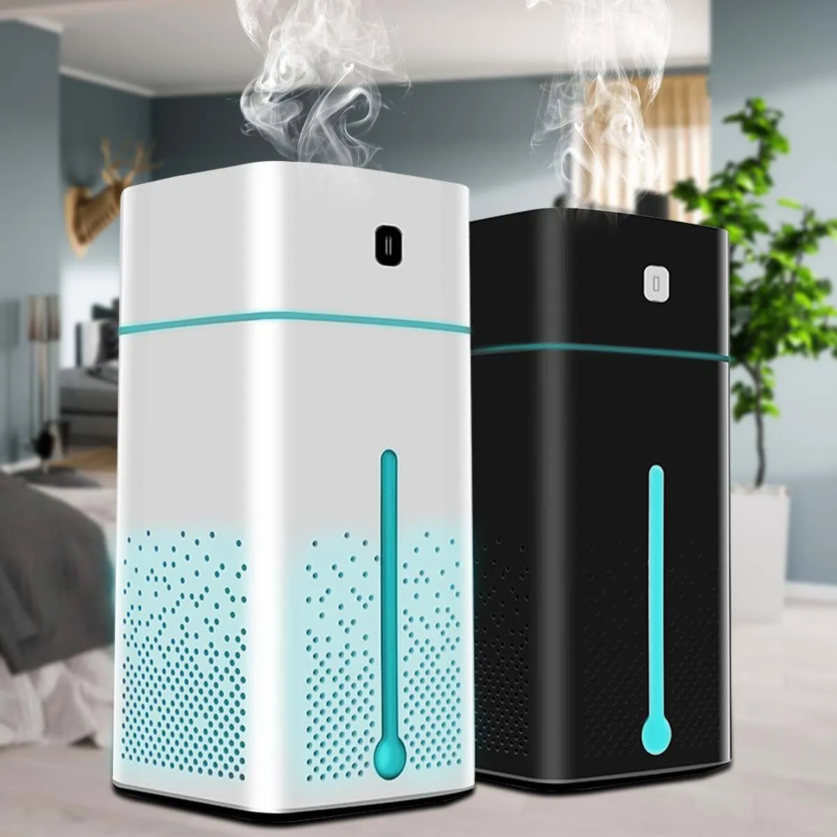 USB air purifier humidifier with 1000ml tank and 7-colour LED night light in black colour