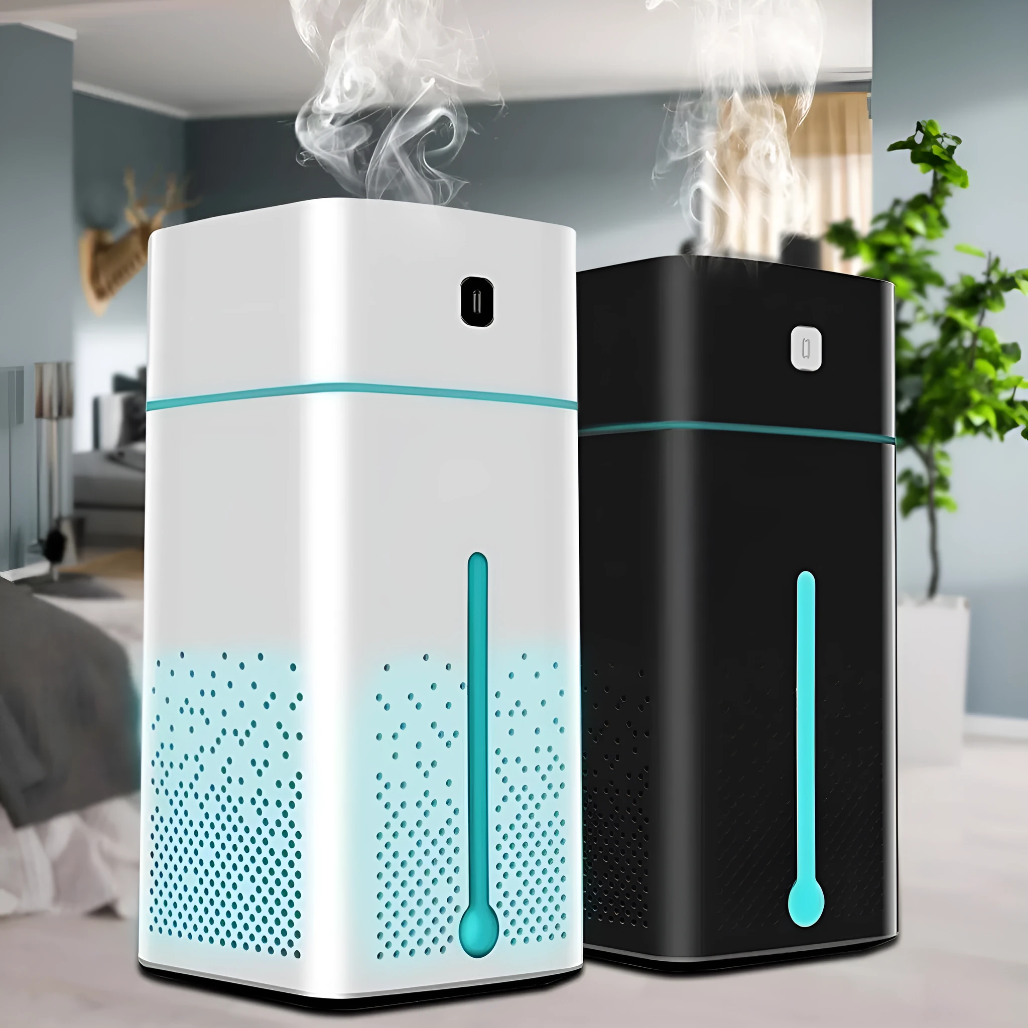 USB air purifier humidifier with 1000ml tank and 7-colour LED night light in black colour