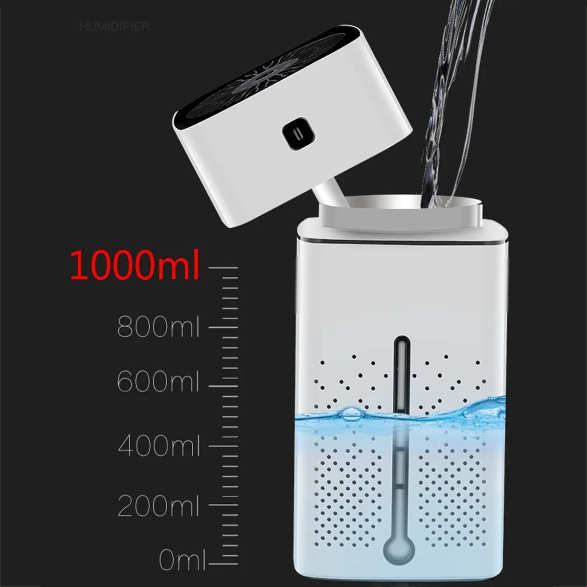 USB air purifier humidifier with 1000ml tank and 7-colour LED night light in black colour