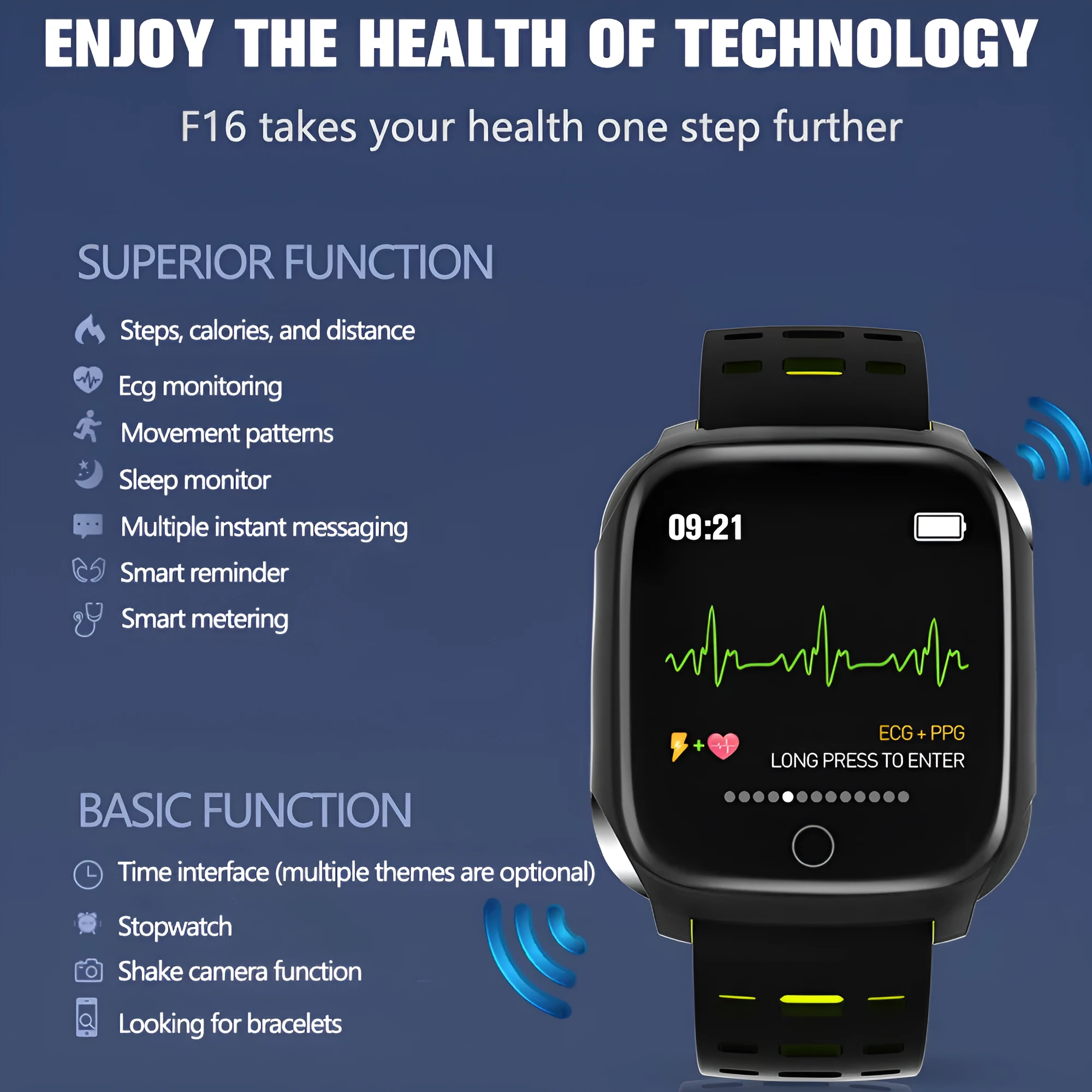 F16 smart watch with ECG monitor on a silicone wristband, showing black grey colour option.