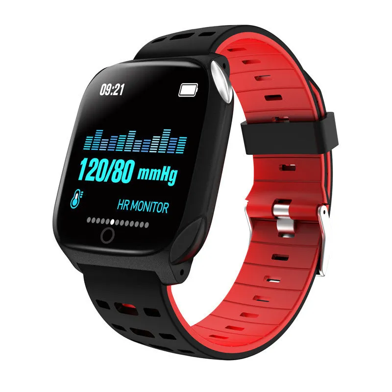F16 smart watch with ECG monitor on a silicone wristband, showing black grey colour option.