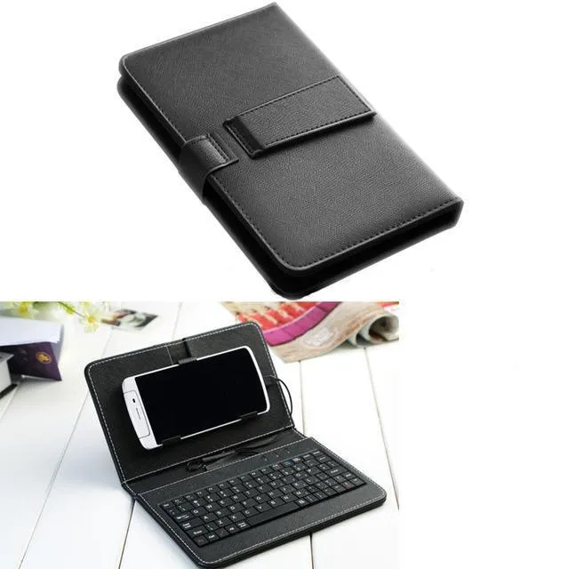 Ultra-thin Bluetooth keyboard leather case for mobile phone showing keyboard layout and phone slot