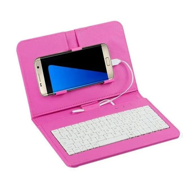 Ultra-thin Bluetooth keyboard leather case for mobile phone showing keyboard layout and phone slot