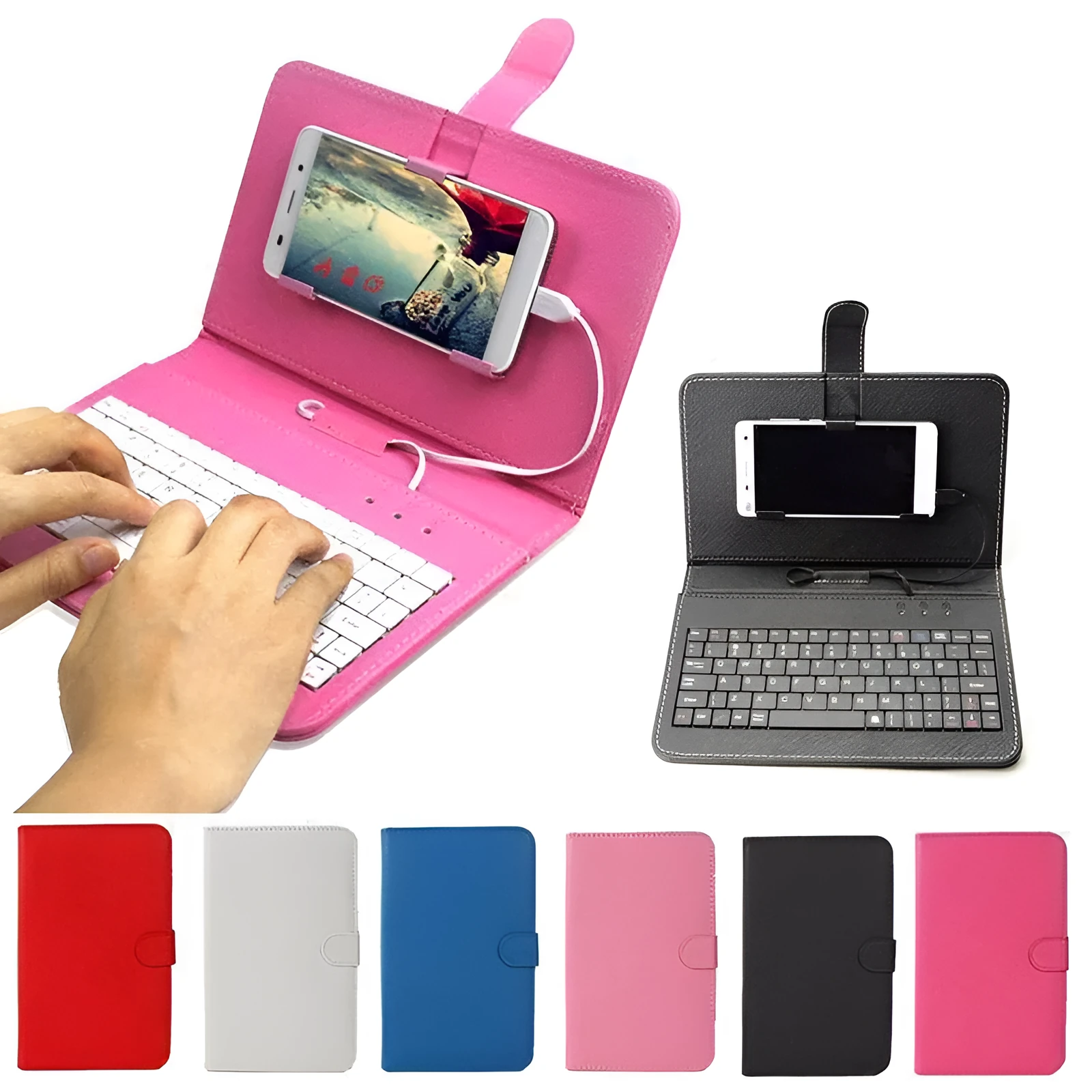 Ultra-thin Bluetooth keyboard leather case for mobile phone showing keyboard layout and phone slot