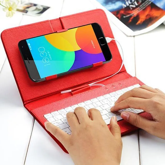 Ultra-thin Bluetooth keyboard leather case for mobile phone showing keyboard layout and phone slot