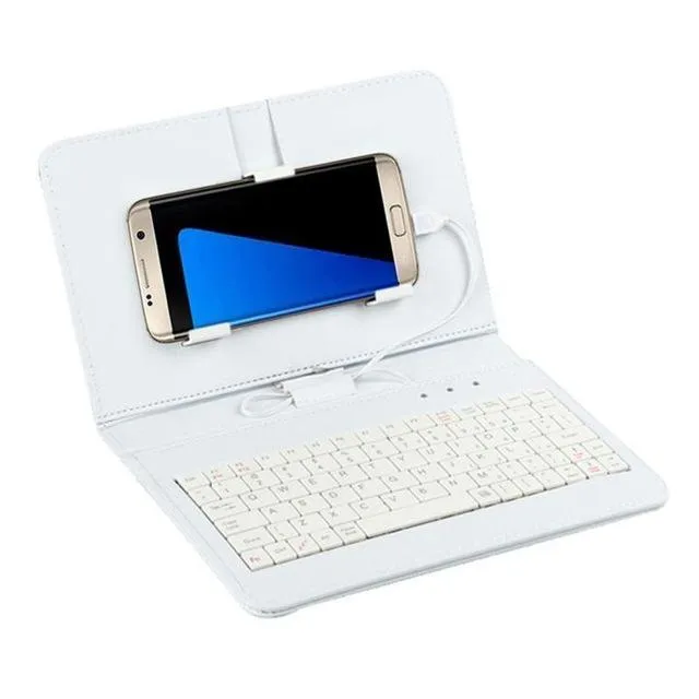Ultra-thin Bluetooth keyboard leather case for mobile phone showing keyboard layout and phone slot
