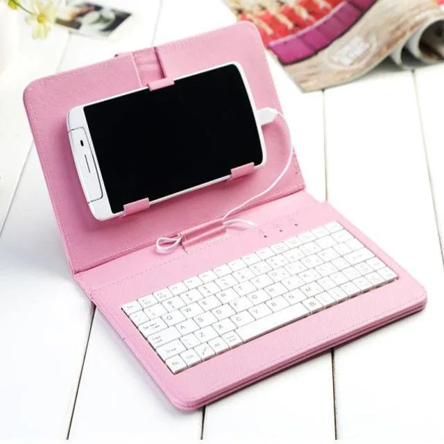 Ultra-thin Bluetooth keyboard leather case for mobile phone showing keyboard layout and phone slot