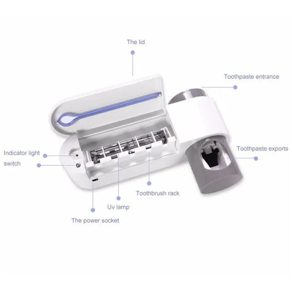 White ABS 3-in-1 toothbrush holder with UV steriliser and toothpaste dispenser, wall mounted with five slots