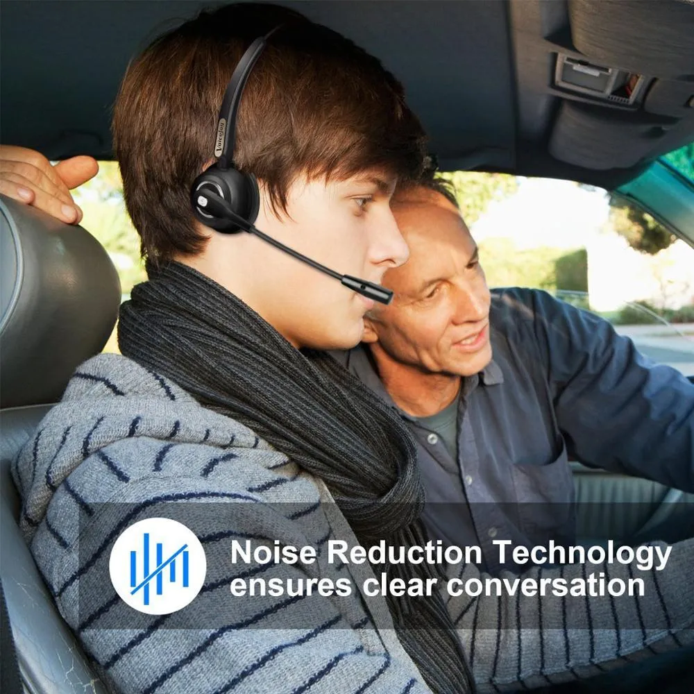 Over-ear Bluetooth headset with microphone, designed for truck drivers and office use with noise cancellation.