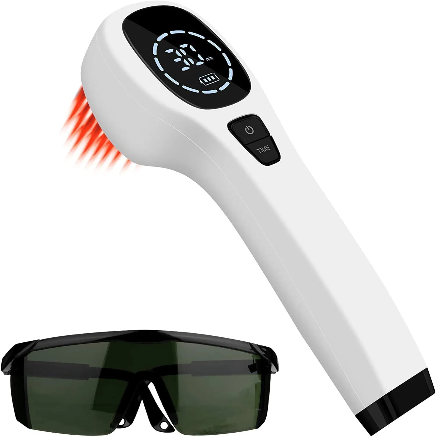 Hand-held red light therapy device with infrared LED array in black and white colour, USB rechargeable, with carrying case and accessories