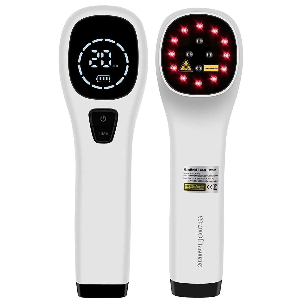 Hand-held red light therapy device with infrared LED array in black and white colour, USB rechargeable, with carrying case and accessories