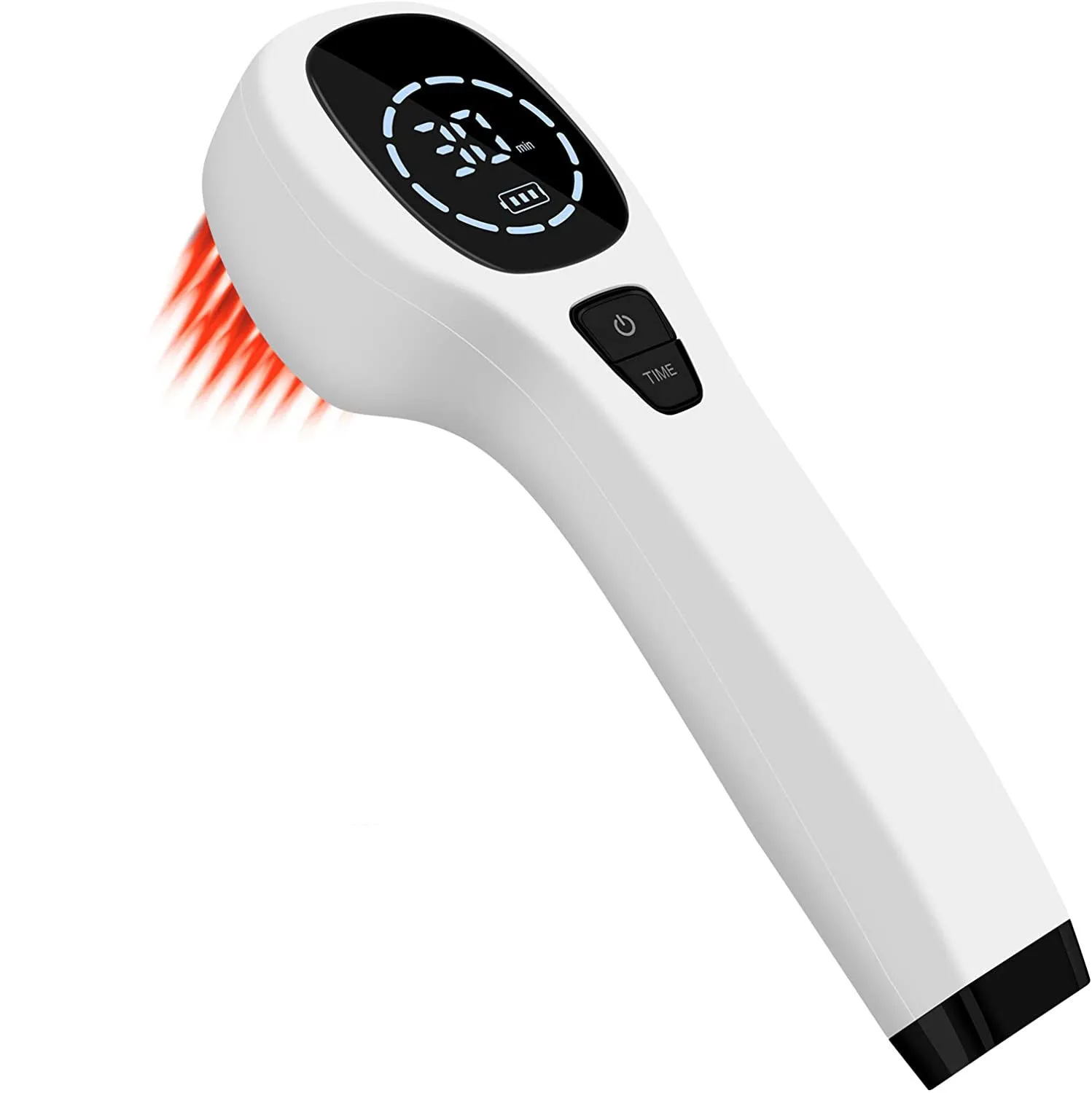 Hand-held red light therapy device with infrared LED array in black and white colour, USB rechargeable, with carrying case and accessories