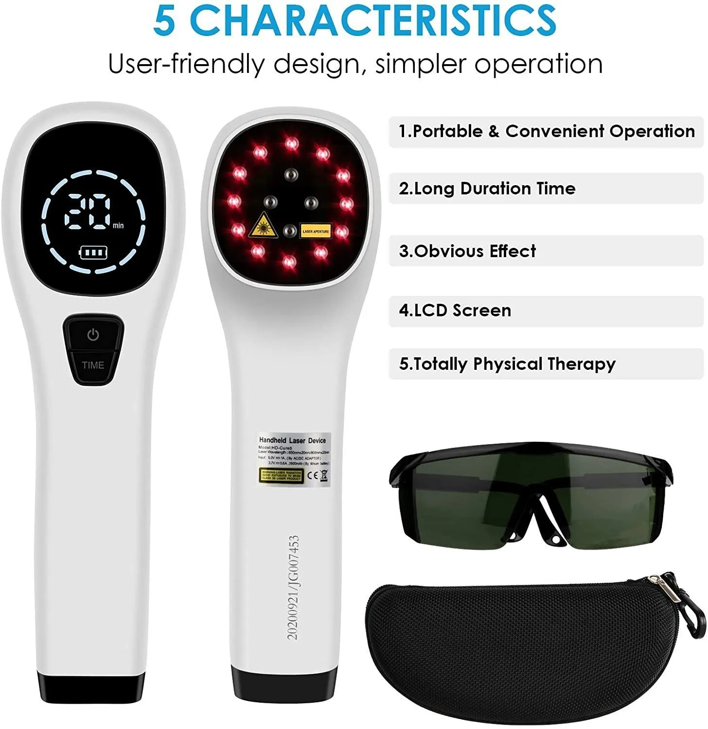 Hand-held red light therapy device with infrared LED array in black and white colour, USB rechargeable, with carrying case and accessories