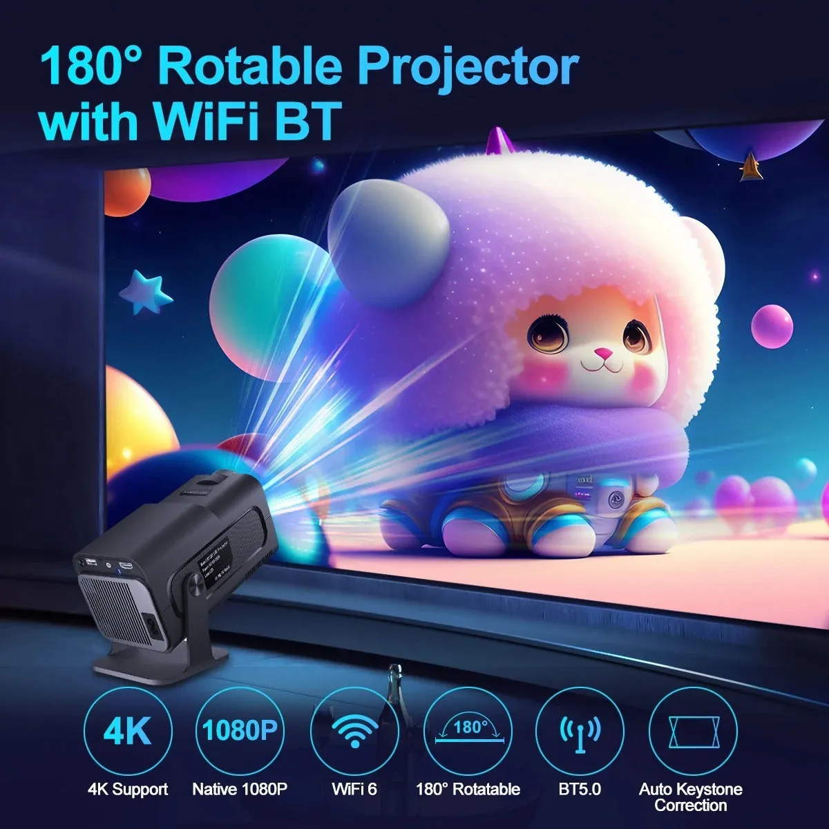 Small white 1080p Android projector with WiFi and 5G, 390 ANSI lumens