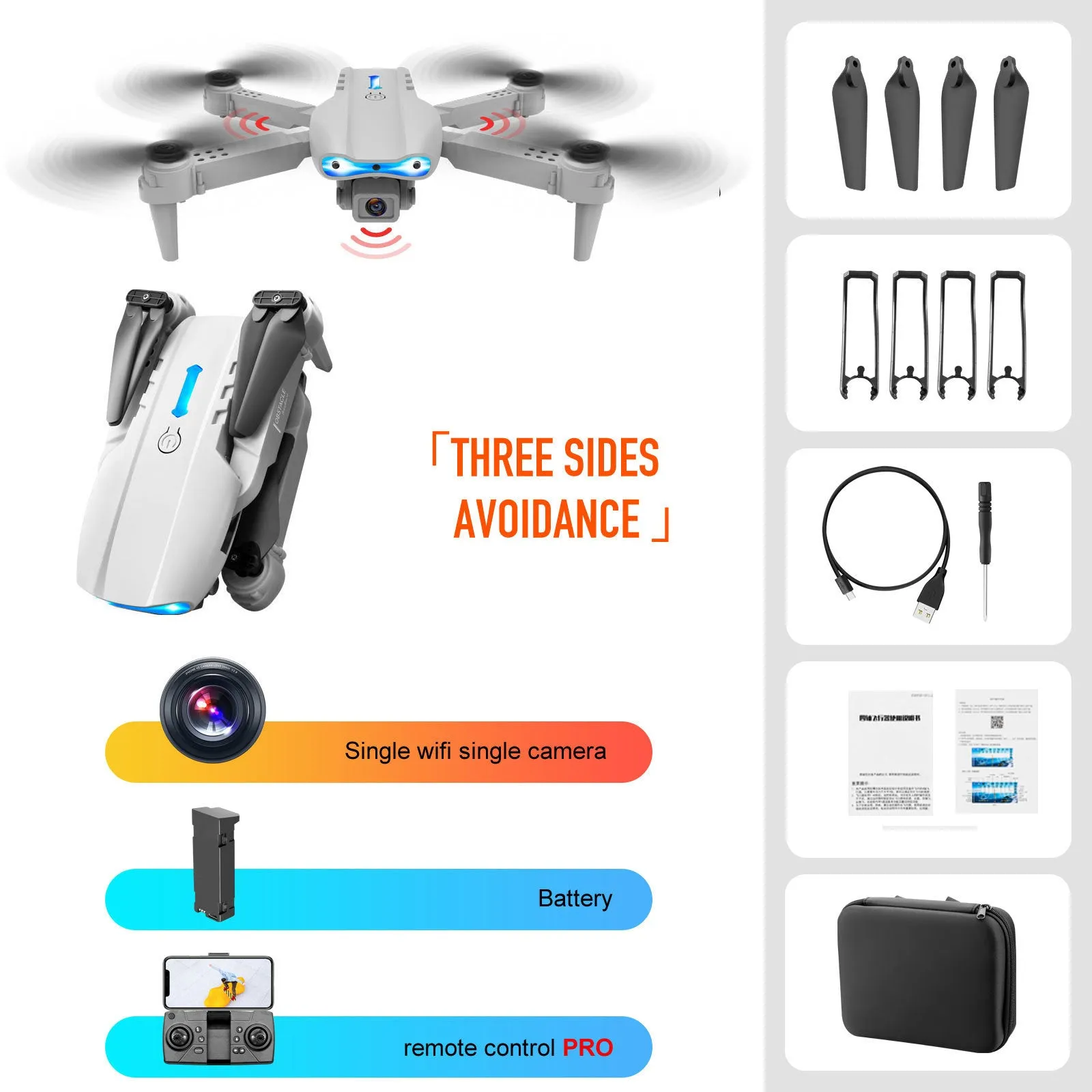 4K dual camera drone with three-sided obstacle avoidance, black, folded size 13x7x5.5 cm