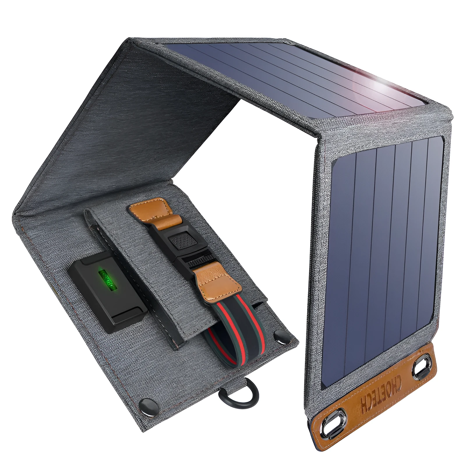 Grey foldable solar charger with USB port for mobile phone and tablet charging outdoors