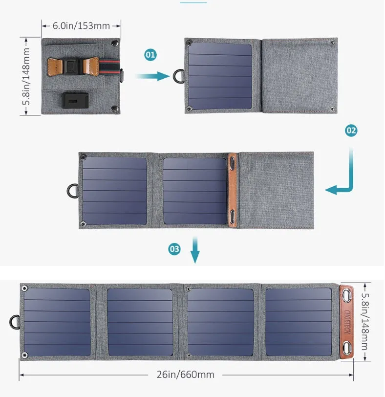 Grey foldable solar charger with USB port for mobile phone and tablet charging outdoors