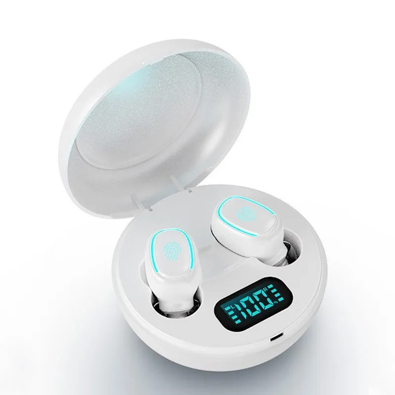Wireless mini pod headset with Bluetooth 5.0, stereo sound, and power display, in Black