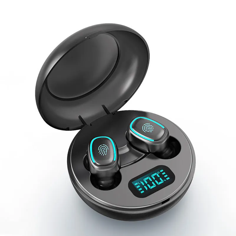 Wireless mini pod headset with Bluetooth 5.0, stereo sound, and power display, in Black