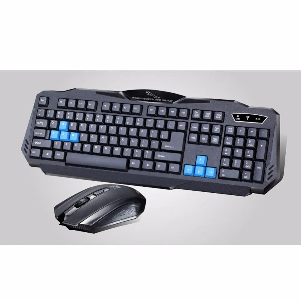 Wireless black keyboard and mouse combo with 2.4G USB receiver on desk