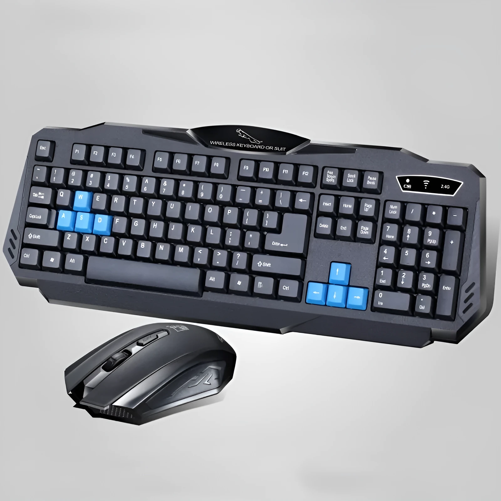 Wireless black keyboard and mouse combo with 2.4G USB receiver on desk
