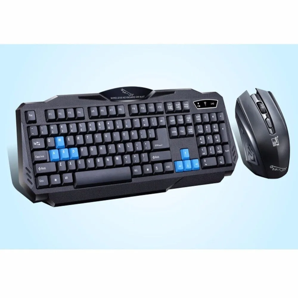 Wireless black keyboard and mouse combo with 2.4G USB receiver on desk