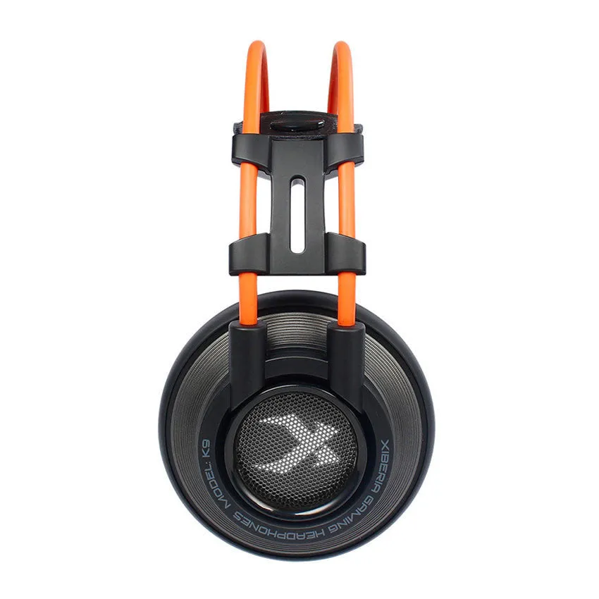 K9 wired gaming headset with noise cancelling microphone, 3.5mm plug, in black and orange colours