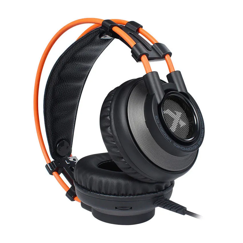 K9 wired gaming headset with noise cancelling microphone, 3.5mm plug, in black and orange colours
