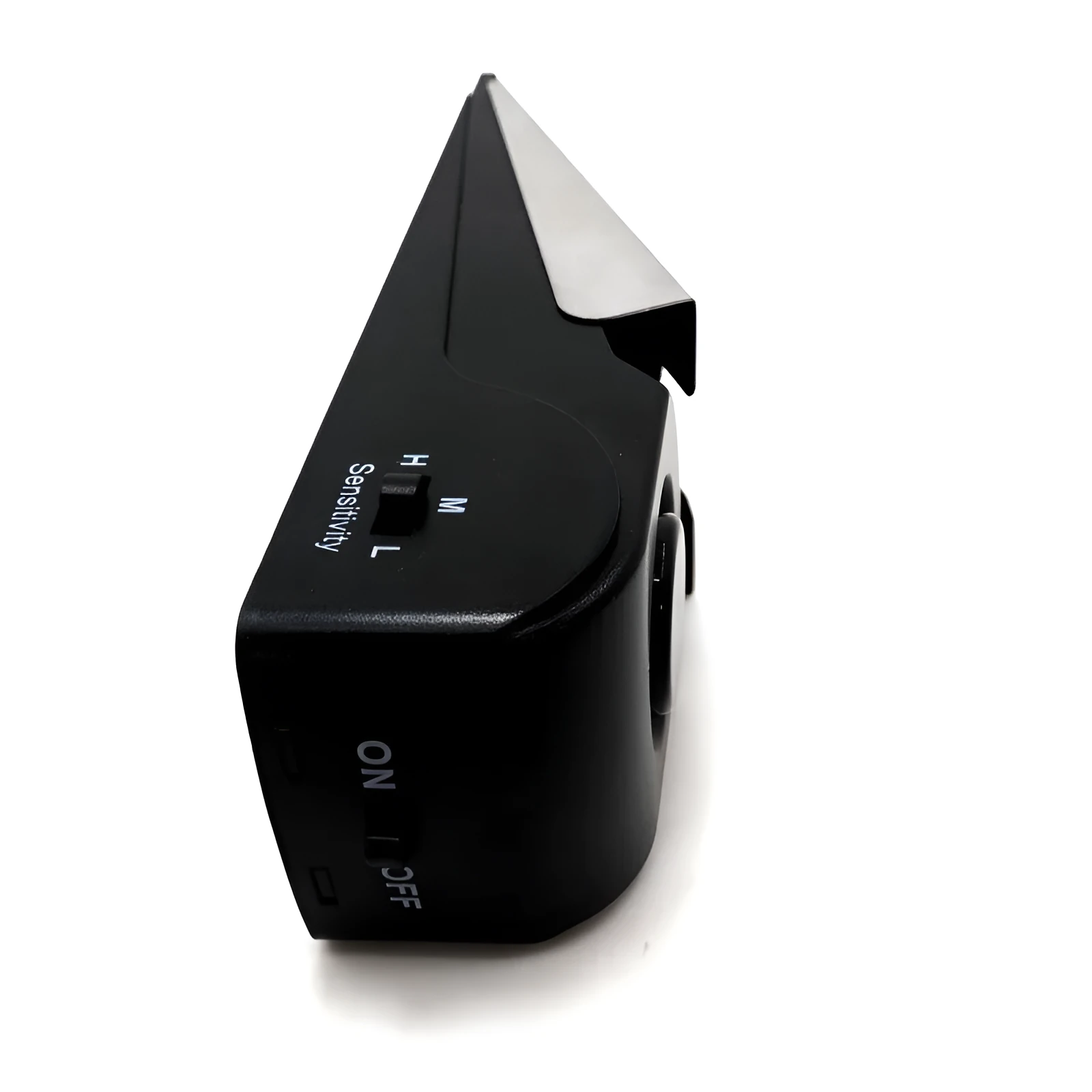 Black 120dB door stop alarm with stainless steel cover and wedge shape, measuring 14cm long