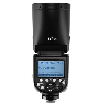 Black DSLR overhead flash with circular lamp head on mini base, with lithium battery and accessories for studio photography