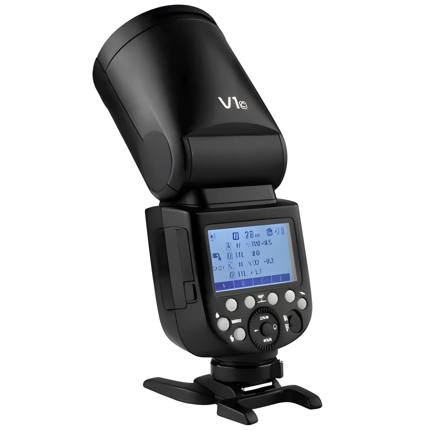 Black DSLR overhead flash with circular lamp head on mini base, with lithium battery and accessories for studio photography