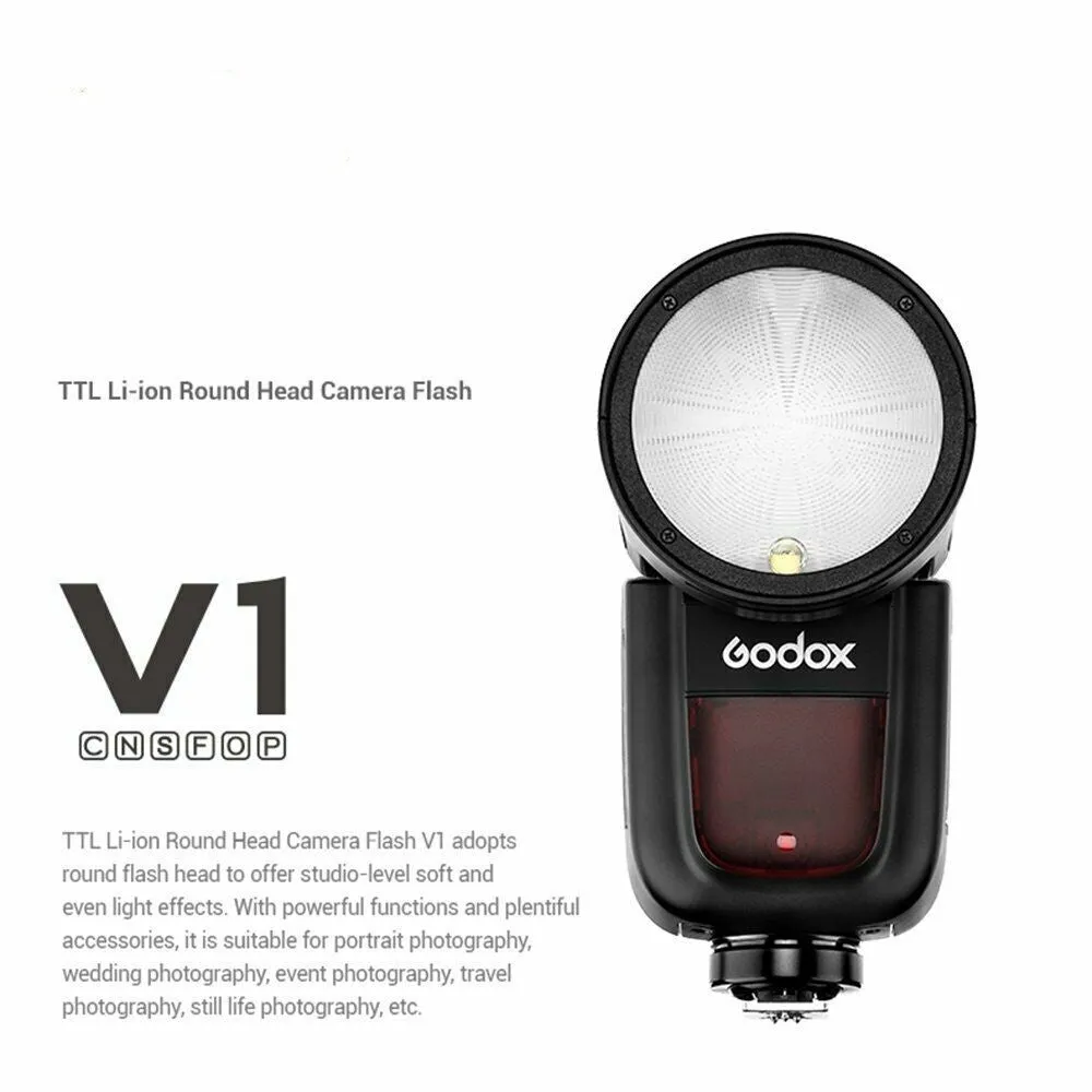 Black DSLR overhead flash with circular lamp head on mini base, with lithium battery and accessories for studio photography