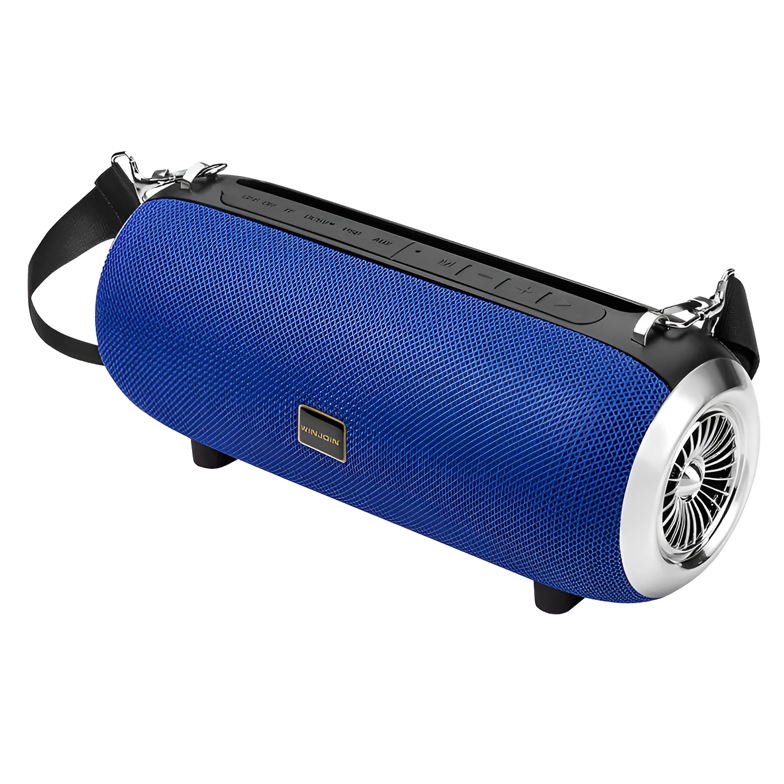 F666 square portable Bluetooth speaker with shoulder strap, phone stand, and retractable FM antenna.