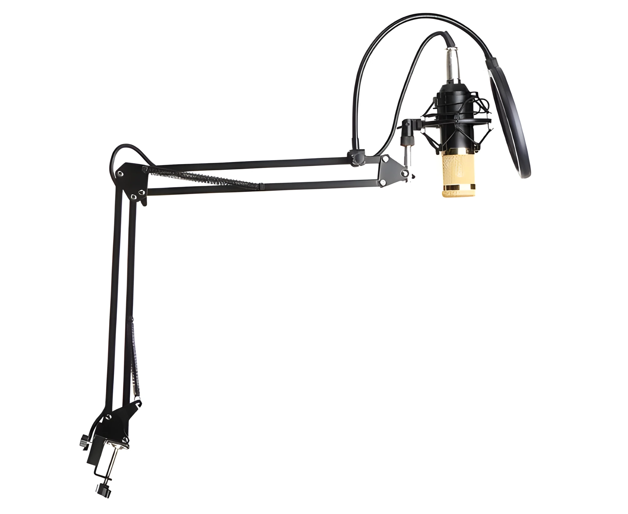 BM800 condenser microphone set with metal shock mount and spray net on cantilever bracket