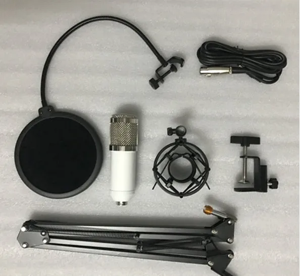 BM800 condenser microphone set with metal shock mount and spray net on cantilever bracket