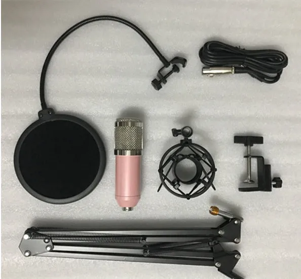 BM800 condenser microphone set with metal shock mount and spray net on cantilever bracket