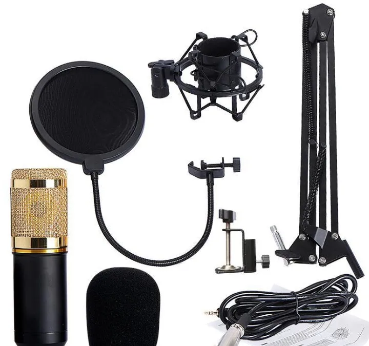 BM800 condenser microphone set with metal shock mount and spray net on cantilever bracket