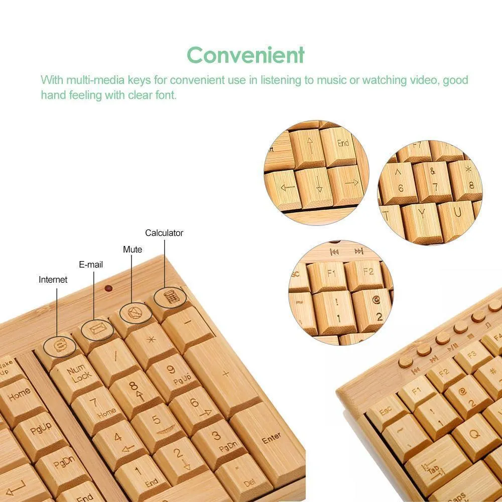 Bamboo wireless keyboard and mouse set with natural wooden finish on a desk
