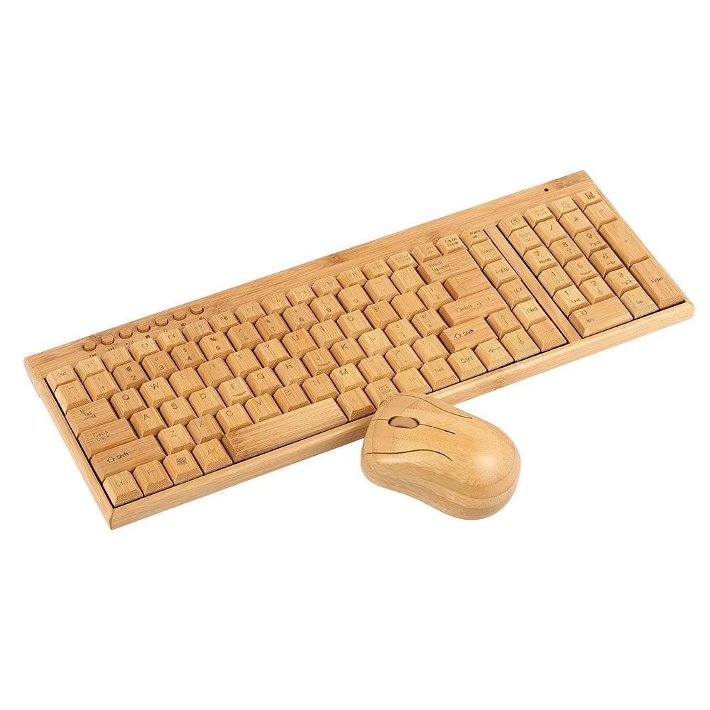 Bamboo wireless keyboard and mouse set with natural wooden finish on a desk