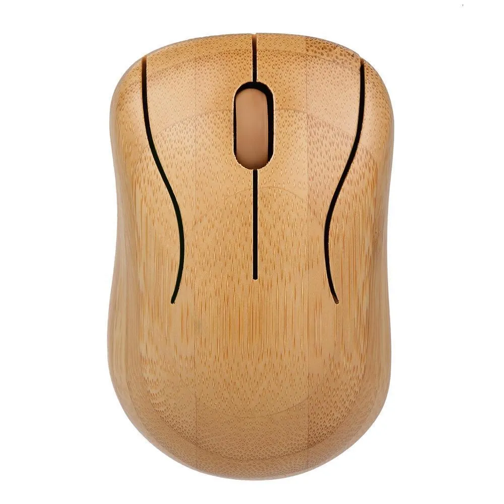Bamboo wireless keyboard and mouse set with natural wooden finish on a desk