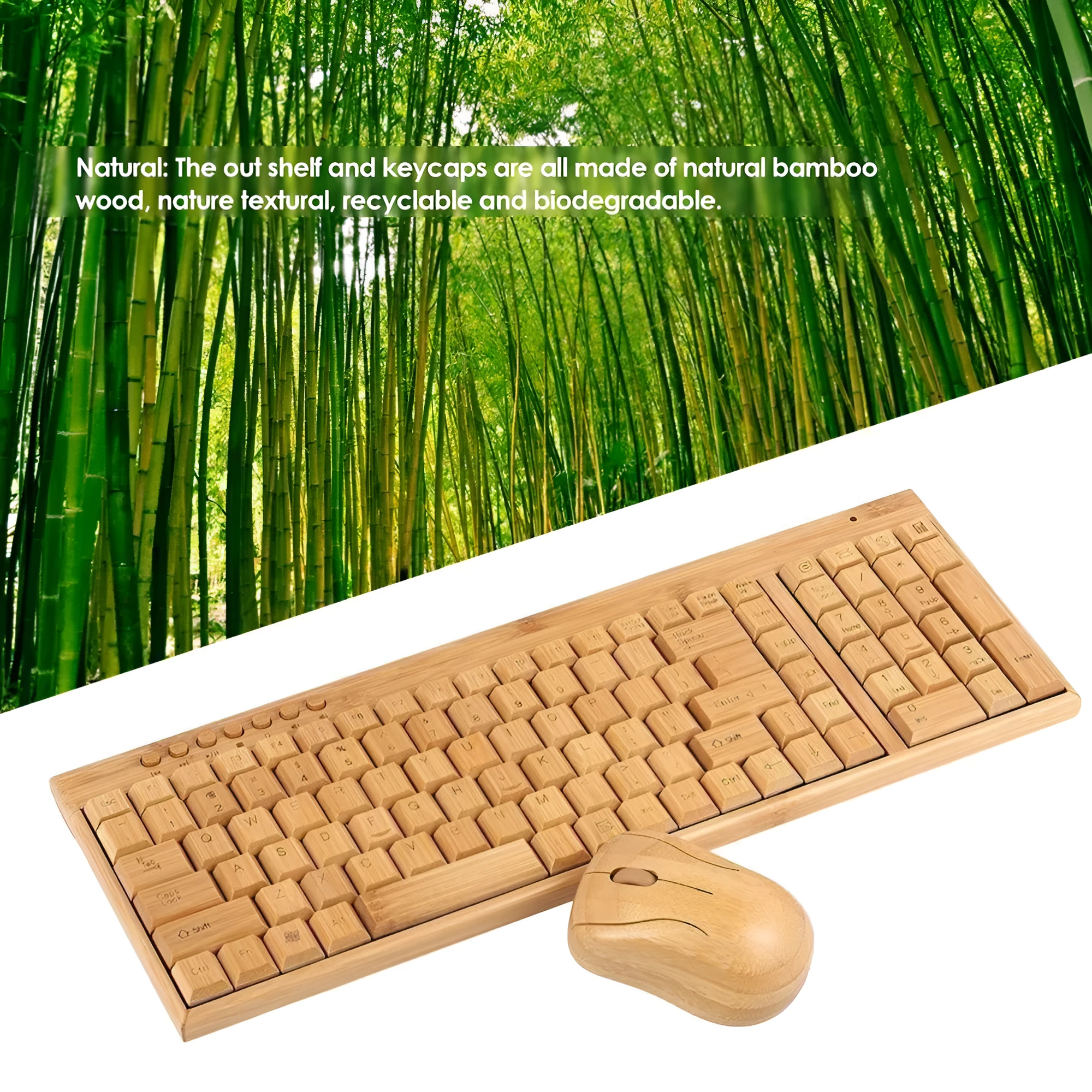 Bamboo wireless keyboard and mouse set with natural wooden finish on a desk